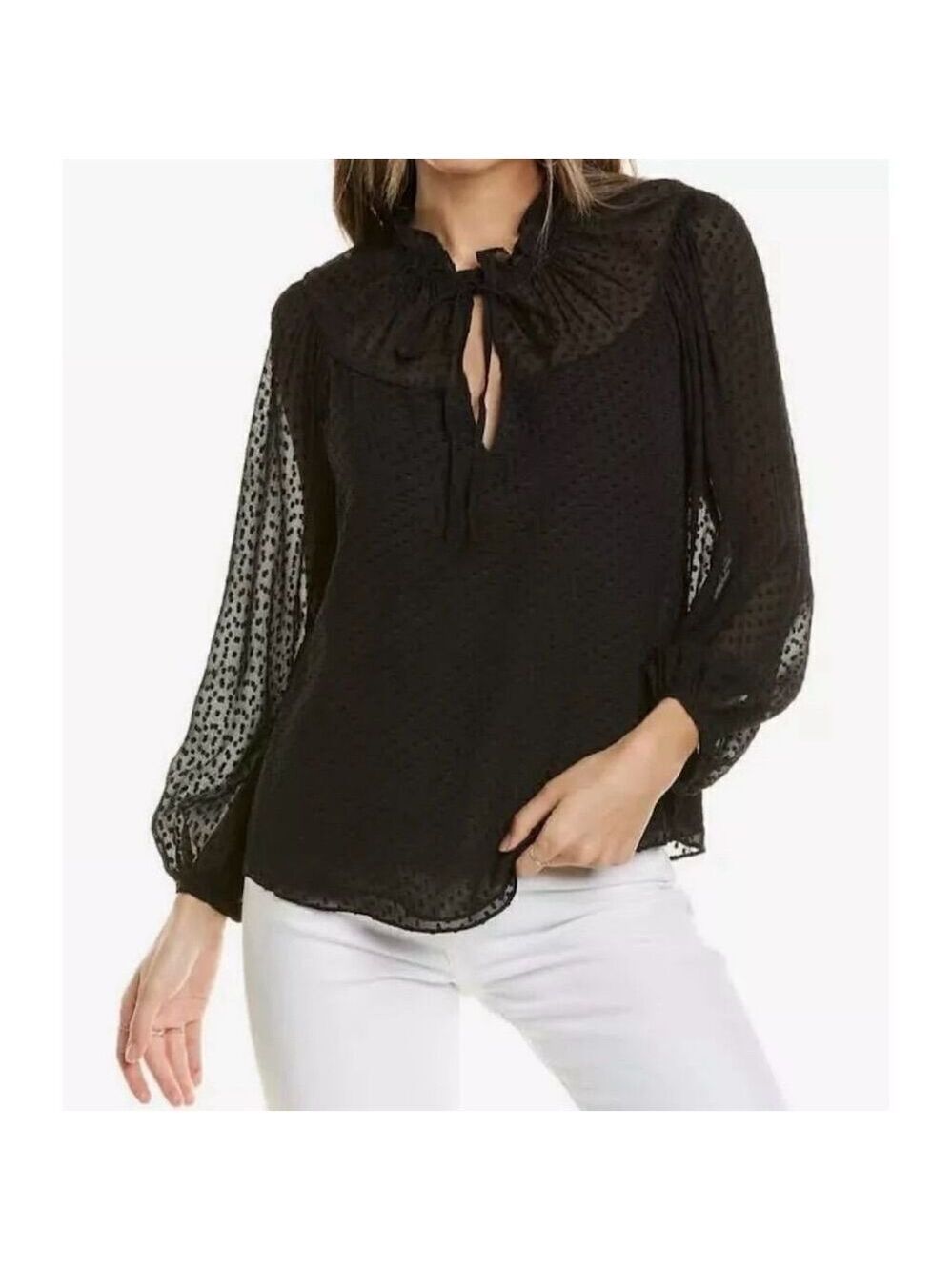 Rebecca Taylor Women's Long Sleeve Clip Dot Black Size 10 Tie Neck Blouse